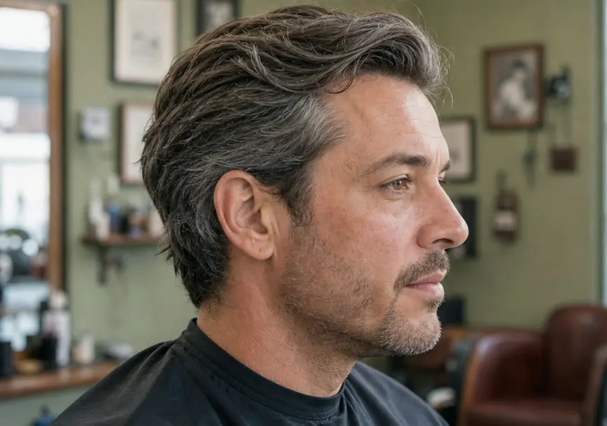 Adult man viewing a hairstyle preview in a barbershop
