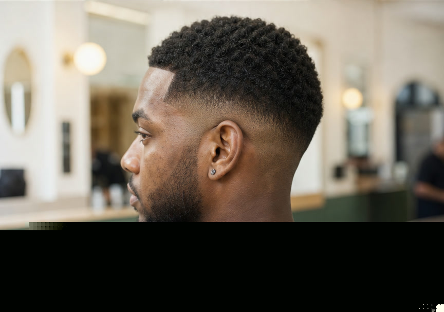 Adult man viewing a low-fade haircut from the side in a barbershop