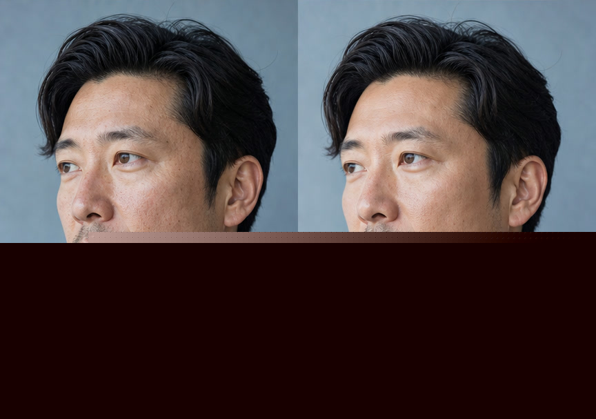 Matched real-person before and after preview with natural skin texture preserved